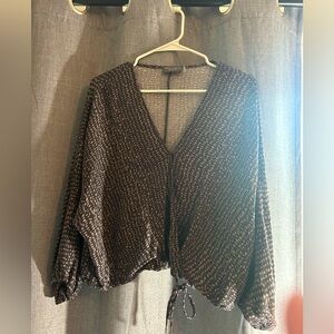 Dress Forum brand charcoal gray and taupe 100% rayon top with drawstring waist